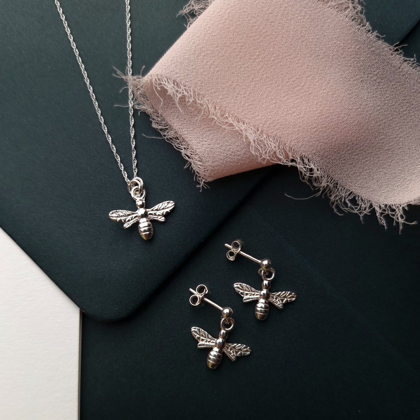 silver bee pendant necklace and earrings