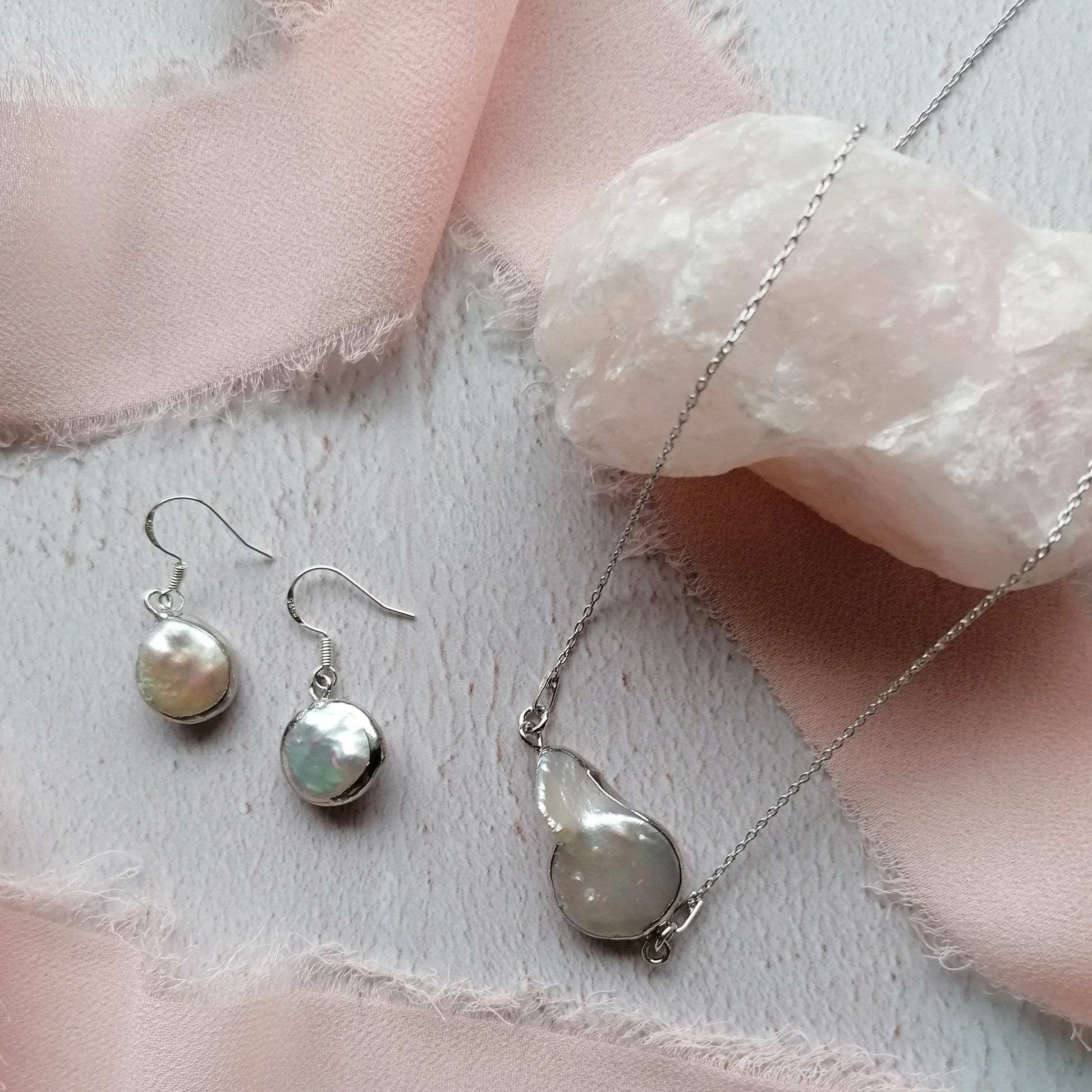 Silver & ivory pearl necklace and earrings